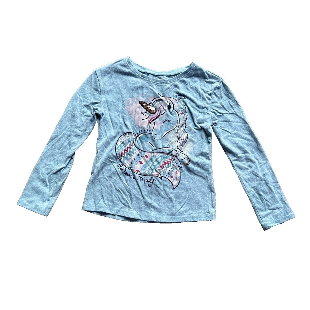 365 Kids Unicorn Sequin Long Sleeve Shirt Blue Girls Size 5 Garanimals